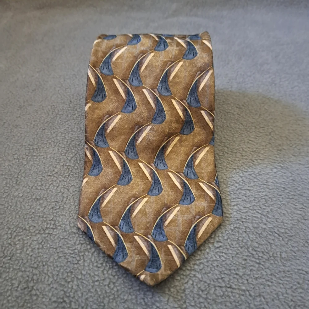 Oscar De La Renta Silk necktie‎ iridescent geometric pattern men's tan navy EUC